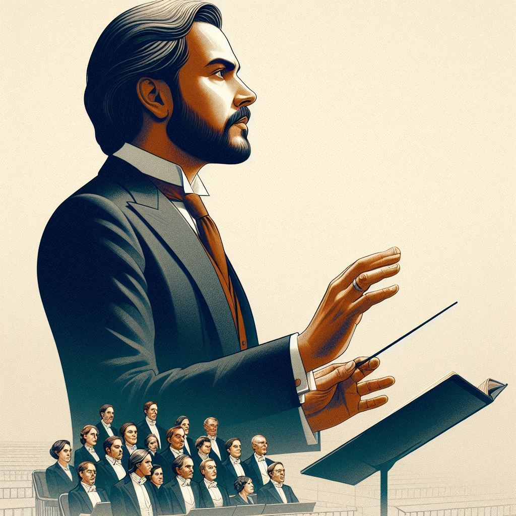 Maestro a dirigir um coro de câmara durante ensaio